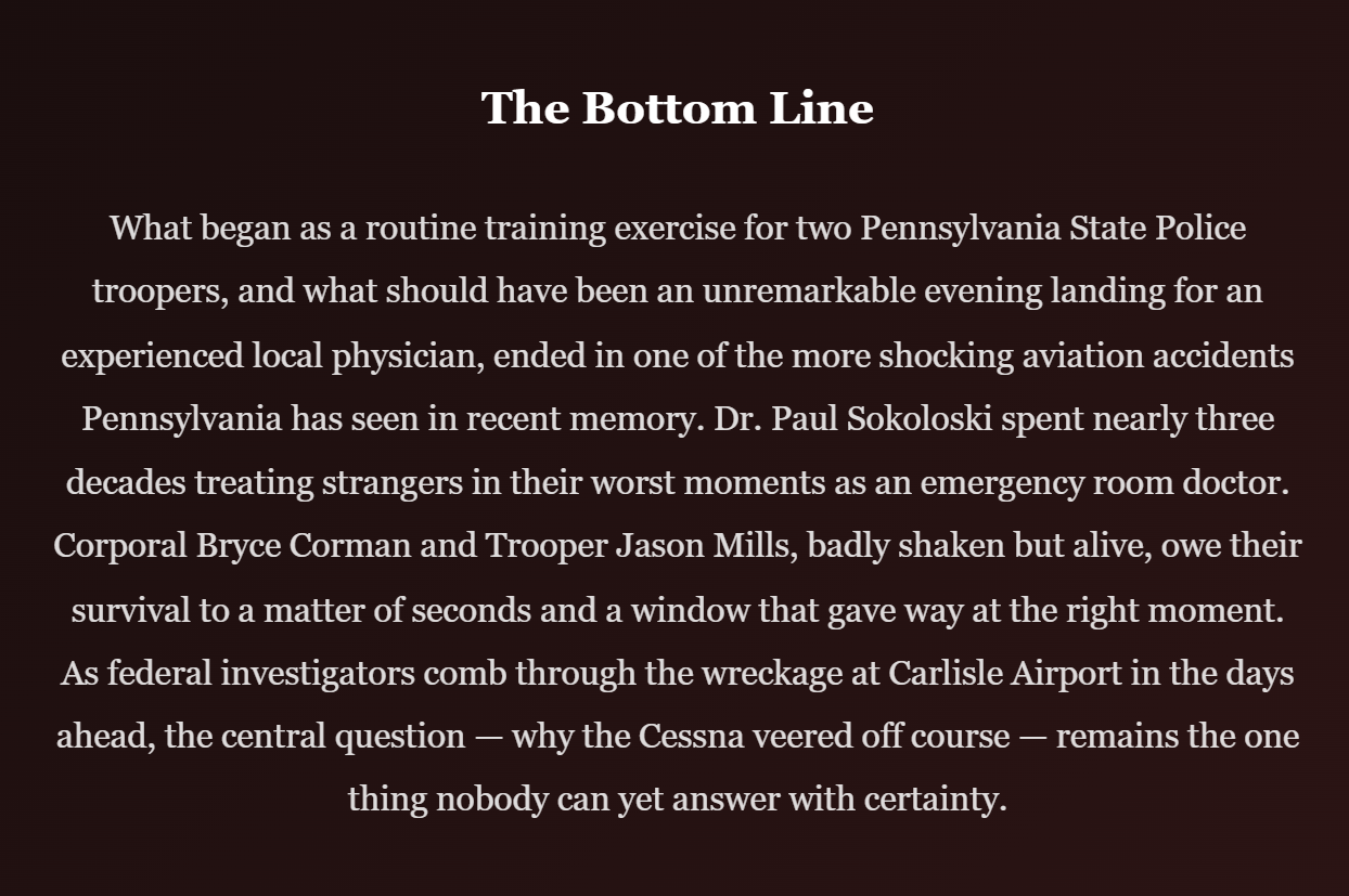A Routine Landing, a Hovering Helicopter, and the Crash at Carlisle Airport That's Left a Community Searching for Answers