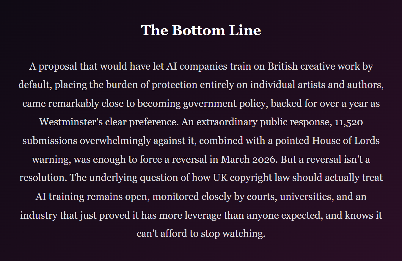 How the UK Nearly Rewrote Copyright Law for AI, and Why Creatives Are Calling It a Narrow Escape