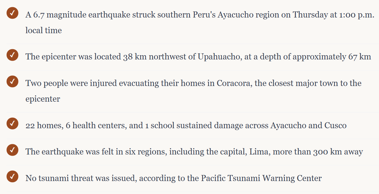 6.7 Magnitude Earthquake Shakes Southern Peru, Felt as Far as the Capital, Lima