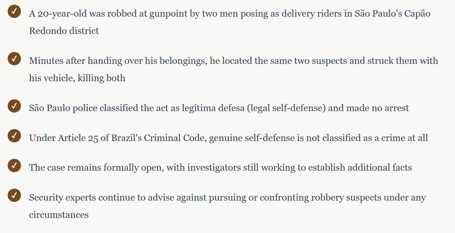 São Paulo Driver Kills Two Armed Robbers Minutes After Being Held Up — Police Call It Self-Defense
