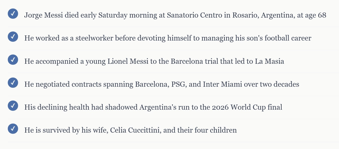 Jorge Messi, the Father Who Carried His Son's Dream to Barcelona and Back, Has Died at 68