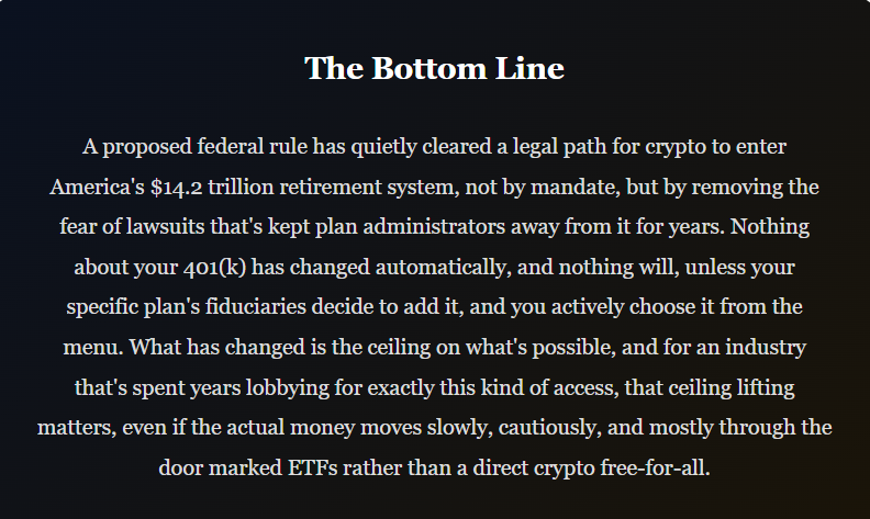 Bitcoin in Your 401(k): What the New Retirement Rule Actually Changes, and What It Doesn't